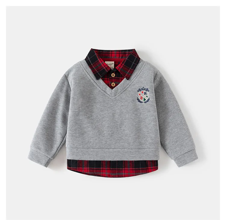 2026 Frühling Kinderkleidung Hoodie Jungen Preppy-Stil Fake-Zweiteiler Sweatshirt Karierter Kragen Langarm Besticktes Jungen-Oberteil – Detail 5