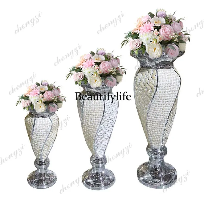 A95 new Chinese style diamond crescent shell floor vase fiberglass flower ware hotel shopping mall living room ornament