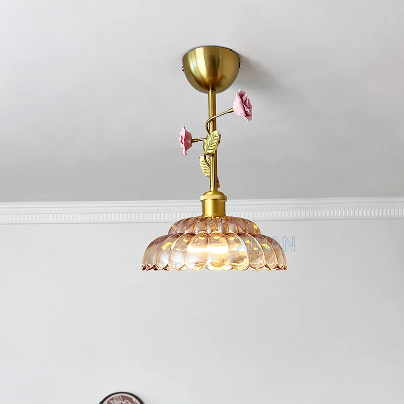 French Glass Entrance Lamp American Flower Glass Ceiling Light for Aisle Balcony Hallway Stair Cloakroom E27 Indoor Lighting