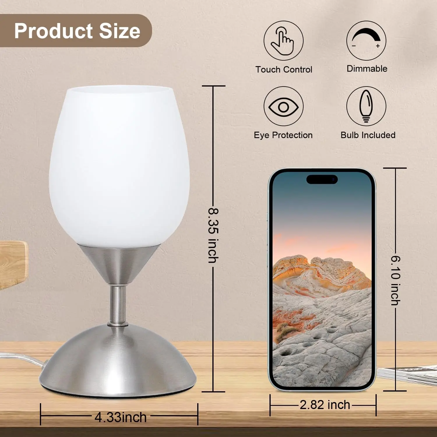 โคมไฟสัมผัสแบบหรี่แสงได้ขนาดเล็กพร้อมแก้วโอปอล ฐานสีเงิน หลอดไฟ E12 - โคมไฟตั้งโต๊ะขนาดกะทัดรัดสำหรับห้องนอนและห้องนั่งเล่น