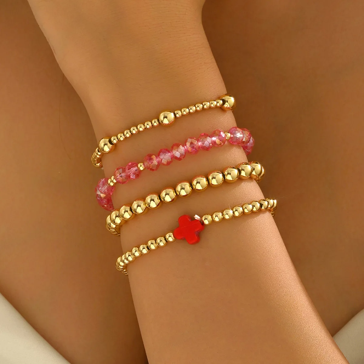 4 Sets Gold Bead Stackable Bracelet, Color Crystal Cross Charm Elastic Stretch Layering Wrist Bracelets for Women Summer Jewelry