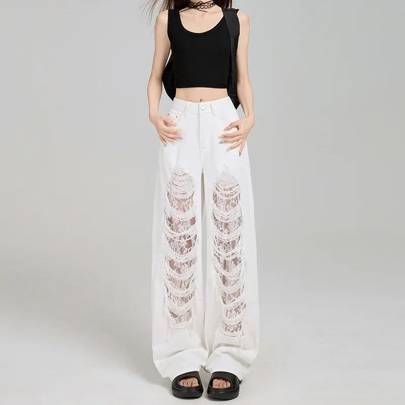 Personality Ripped Lace High-waisted Jeans, New Fashionable Loose and Floor-length Wide-leg Jeans for Women in Spring and Summer