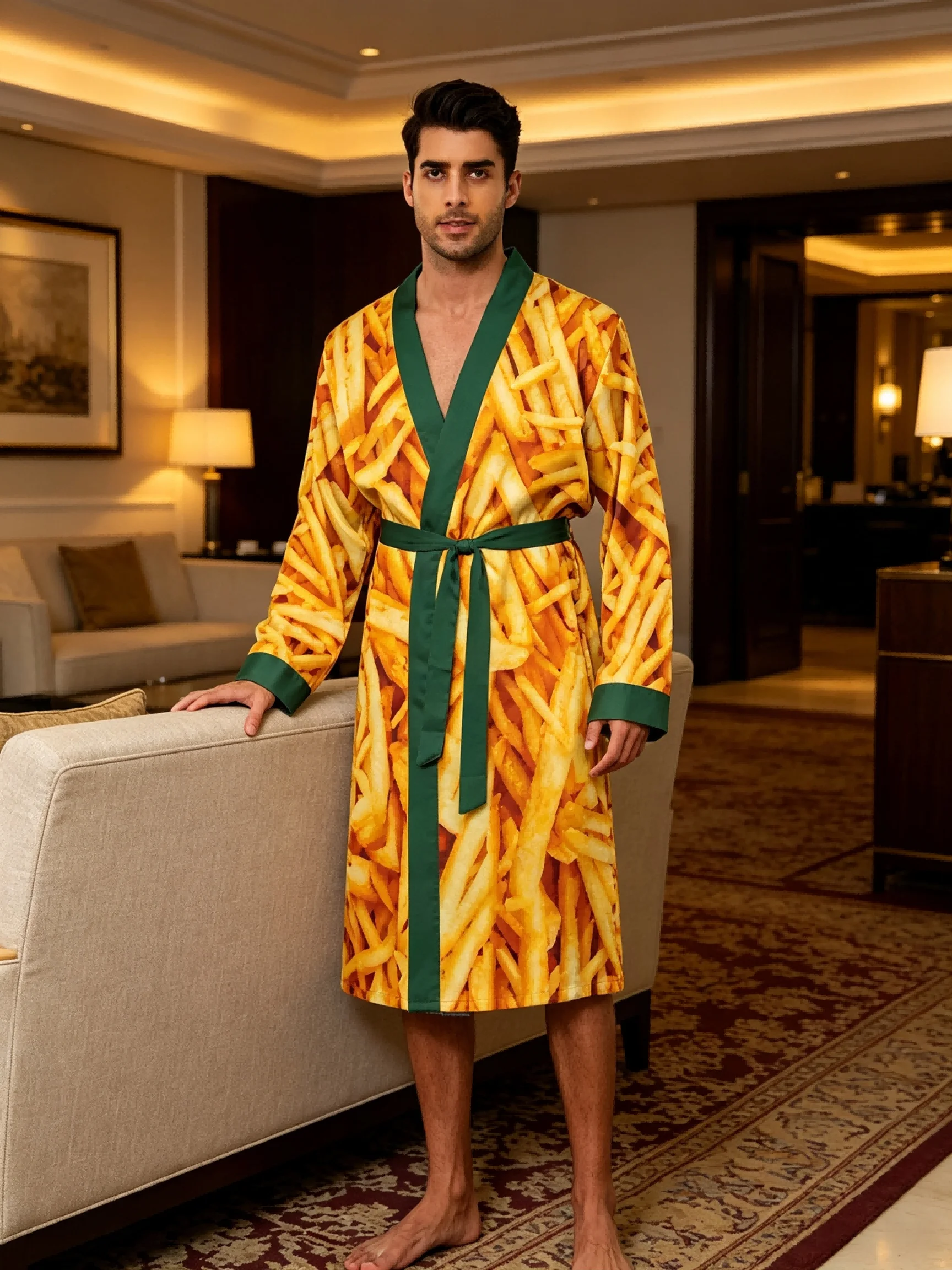 Men's lightweight quick-drying pajama bathrobe - 3D digital printing, non-fading design, stand-up collar and adjustable waistban
