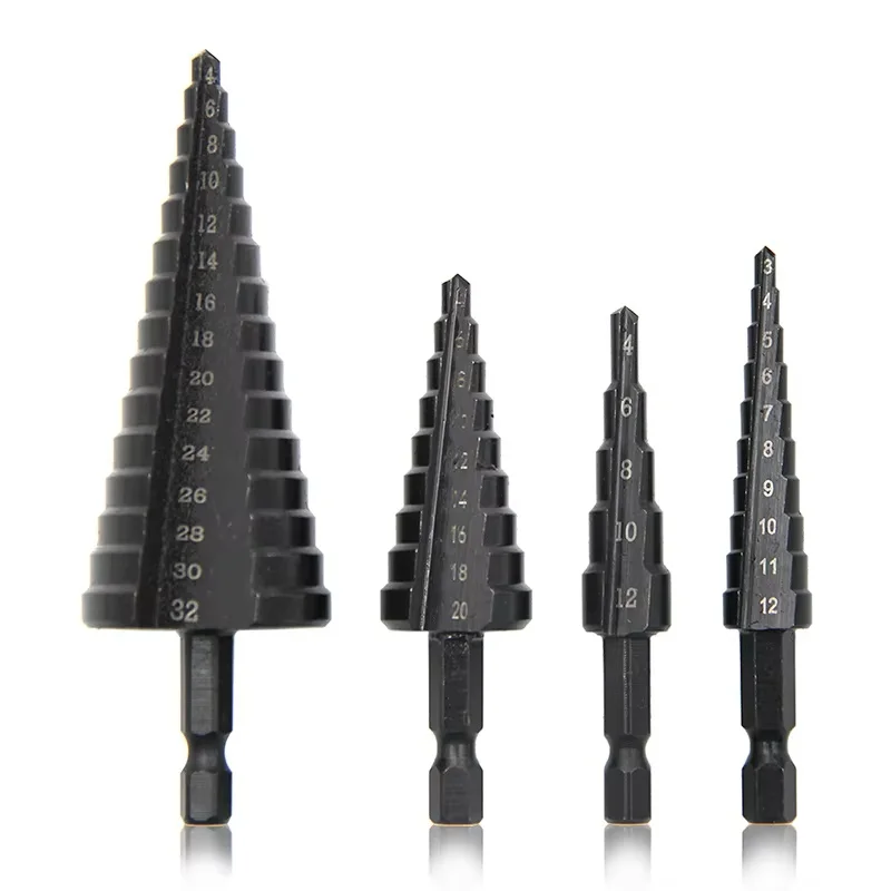 

Hexagonal shank straight groove black step drill bit 3-12/4-12/4-20/4-32mm reaming step drill tower drill tool set