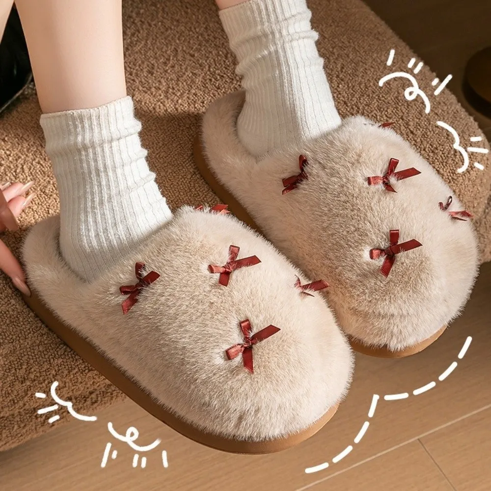 Fashion Bow knot House Slippers Thickened with Lining Women's Indoor Shoes Non-slip EVA Sole Indoor Fluffy Slippers Winter