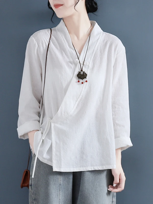 

Новая весенняя китайская художественная рубашка в стиле ретро-дзен, буддийская, из хлопка и льна, с воротником, на пуговицах, с асимметричным подолом, для чайной церемонии