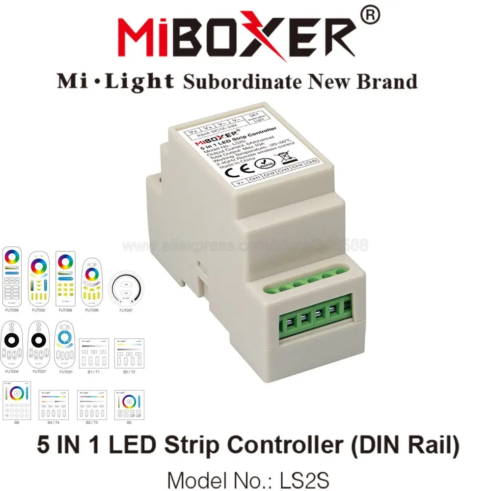 Miboxer DIN Rail Single Color CCT RGB RGBW RGB+CCT 5 in 1 LED Strip Controller LS2S Lamp Tape Dimmer DC12V 24V 2.4G Remote WiFi