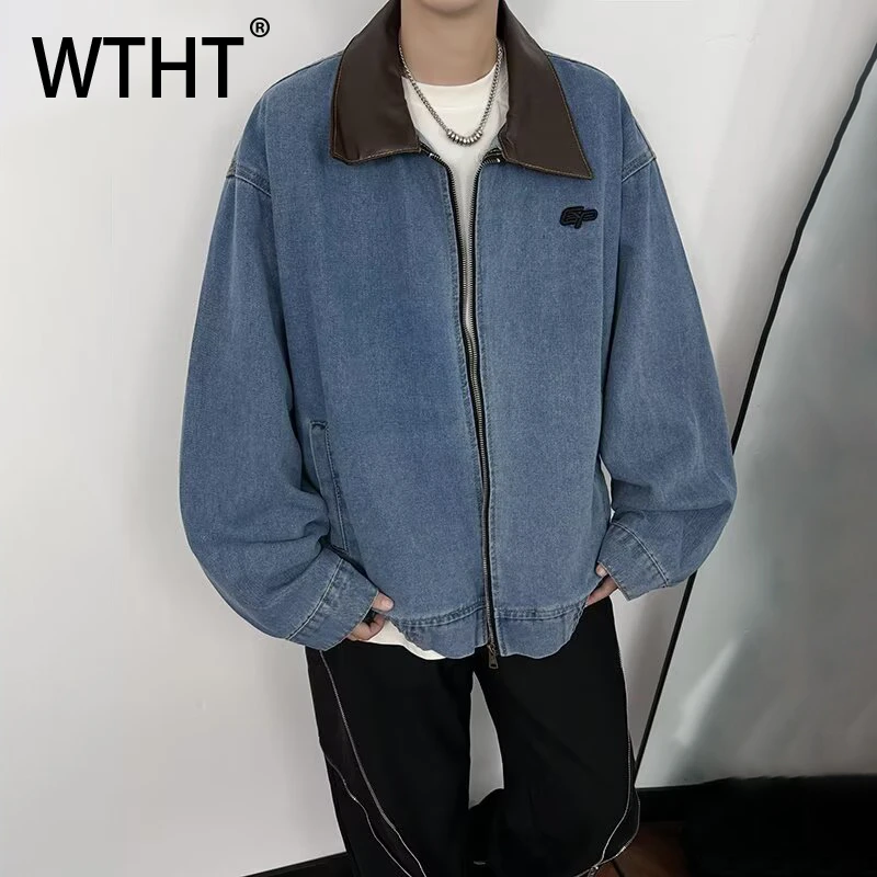 WTHT Fashion Men's Spliced Leather Contrast Color Denim Coats Vintage Turn Down Collar Zipper Jackets Male 2025 Winter 2A2590