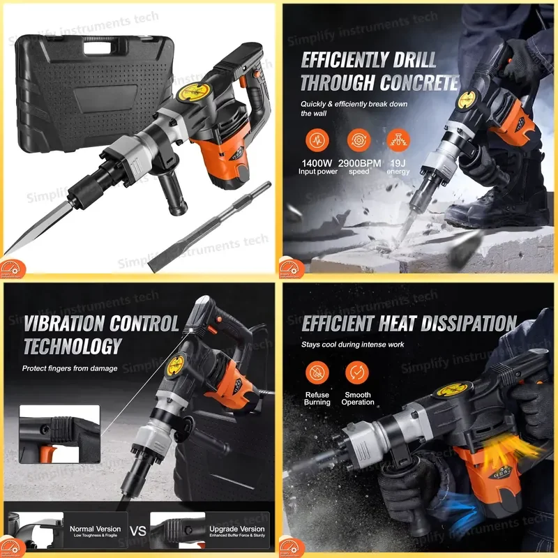 1200W Jack Hammer Demolition Hammer Concrete Breaker Chipping Tool Heavy Duty 2900 BPM with 2 Chisels