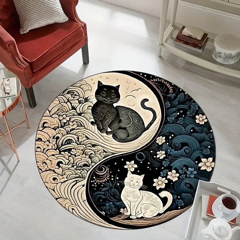 1 Stück runder Teppich mit schwarzer und weißer Katze im japanischen Stil, rutschfeste Bodenmatte für Wohnzimmer, Schlafzimmer, Badezimmer, Urlaubsdekoration