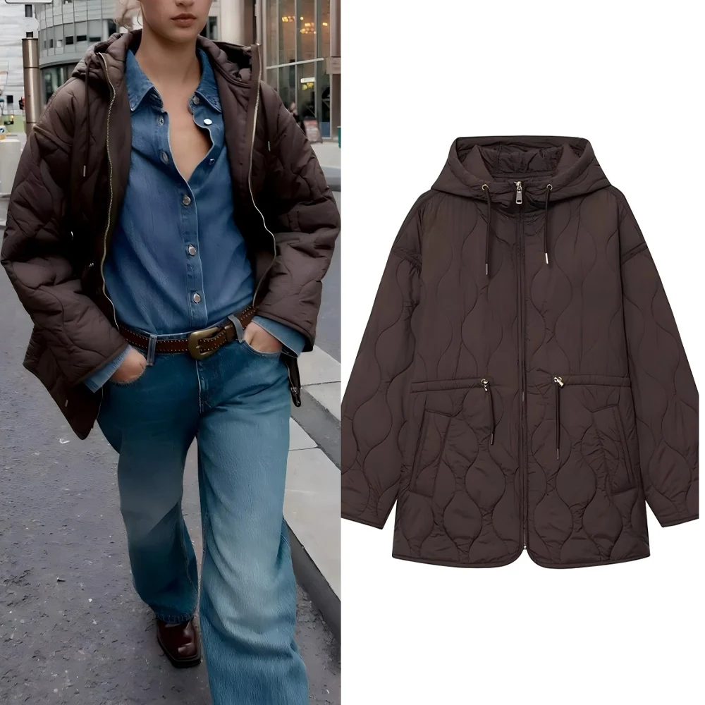 

Women's winter fashion with drawstring loose warm hooded quilted cotton coat retro long sleeved zipper women's coat chic top