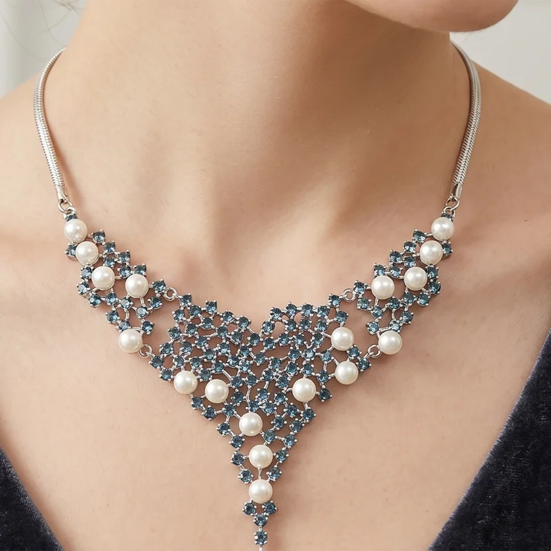 95x80mm Eye Catching Pink Kunzite London Blue Topaz White Pearl CZ Woman's Engagement Silver Necklace 19-20inch