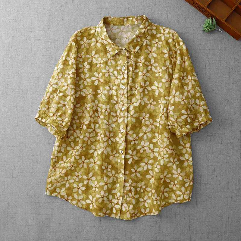 

Yellow Floral Cotton Linen Shirt Women's Loose Printed Short Sleeve Summer Top Comfortable Quality Casual Commute Style