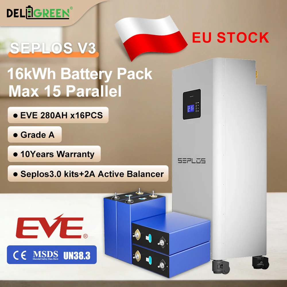 

EU Stock GradeA EVE280 Lifepo4 Battery 8000 Cycles 15kWh Seplos 3.0 Kits 2A Active Balancer CAN RS485 DIY Battery Pack VAT Free