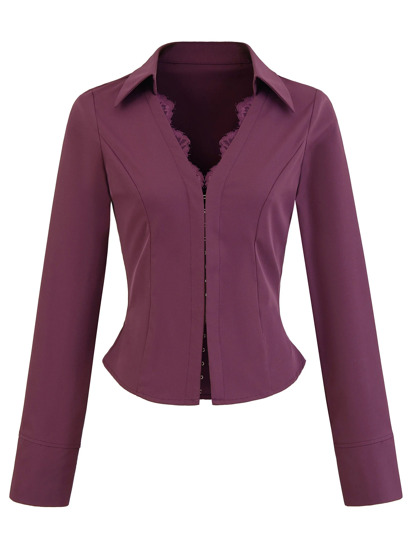 

Retro Lace Patchwork Hook Waist Cinched V-Ne Long Sve irt Women Versatile Slimming Sexy Top American Sle Polyester