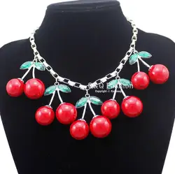 Statement 10 Big Red Cherry Pendant Chain Crystal Choker Sweet Collar Bib Necklace Fashion Personality Party Jewelry Gifts