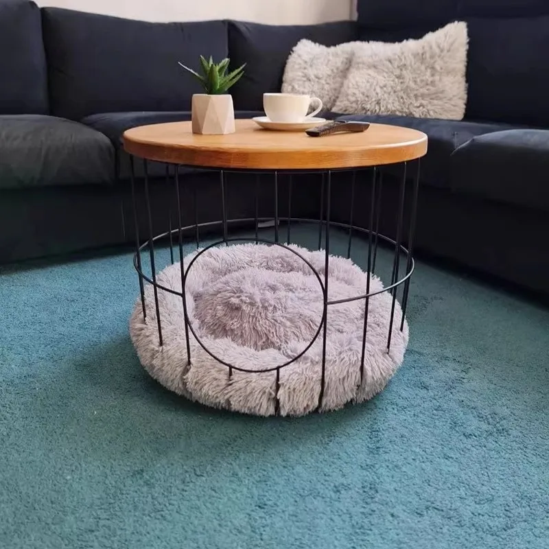 Ironwork Household Small Round Table, Bedside Table, Wooden Nordic Creative Storage Coffee Table
