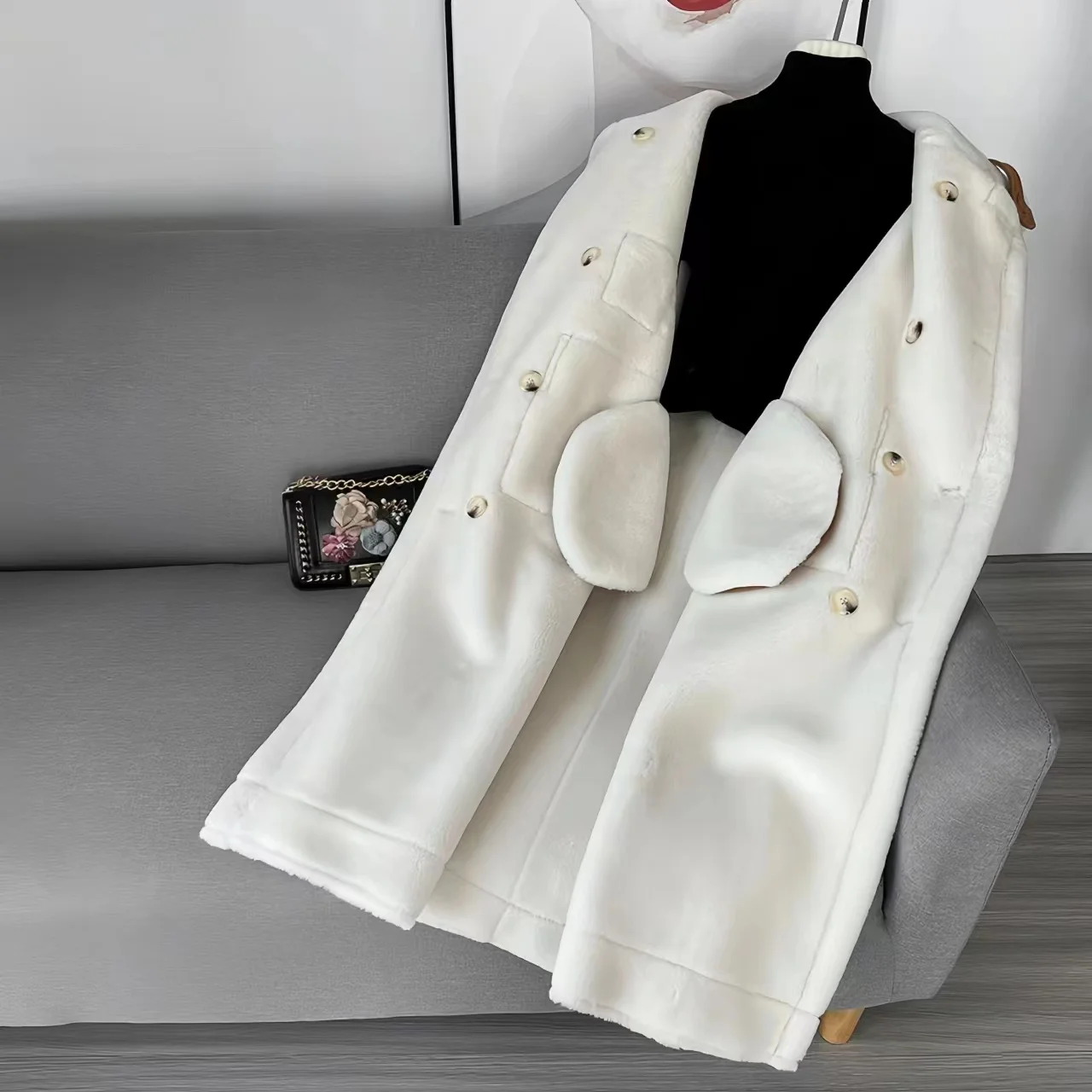 Double Breasted Suede Coats for Women, Faux Lamb Fur Jacket, Long Female Clothes,Loose, Warm Winter, High Quality, New