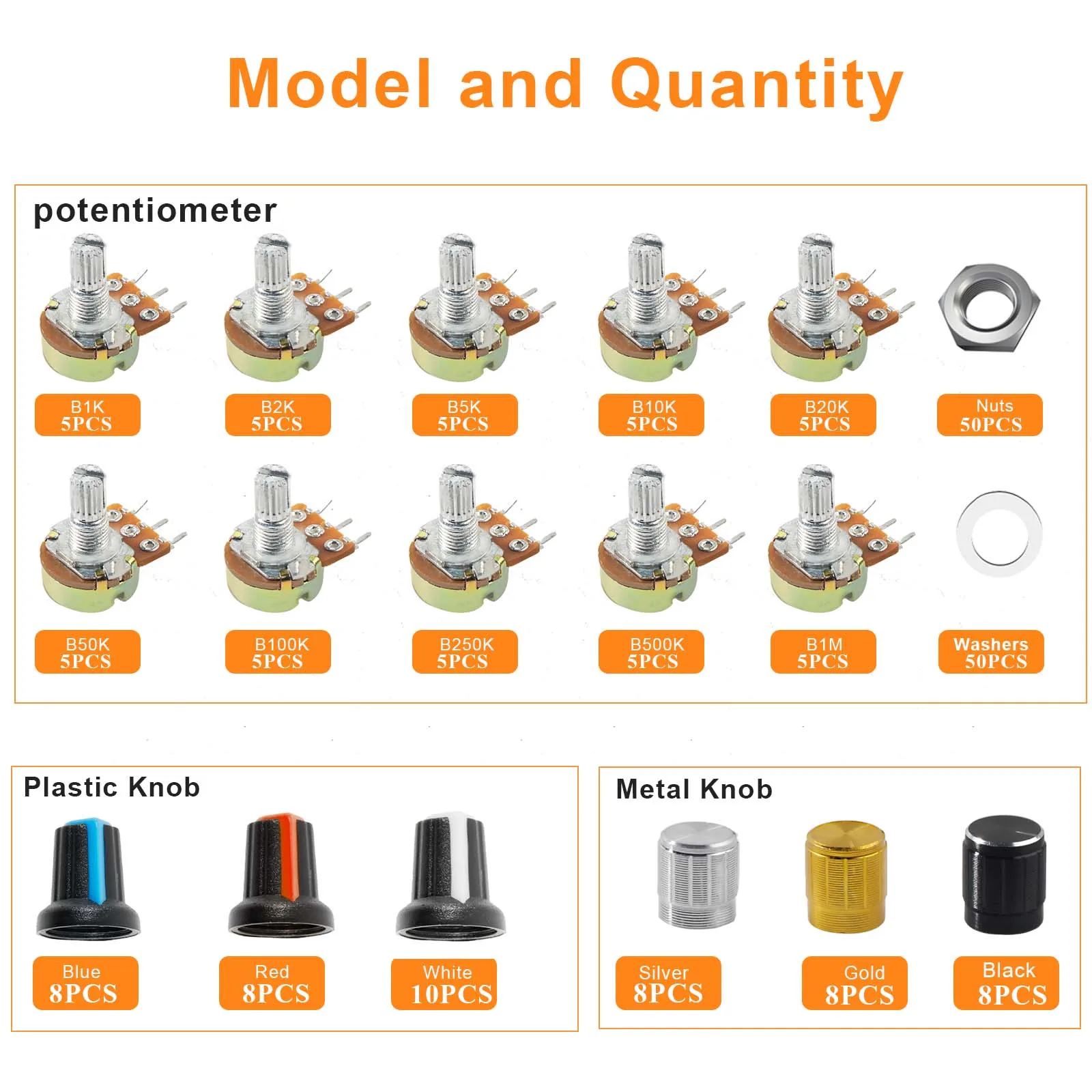 200 Stück WH148 Potentiometer-Kit, Einzelgelenk-Potentiometer mit Drehknopf, B1K, 2K, 5K, 10K, 20K, 50K, 100K, 250K, 500K, 1M