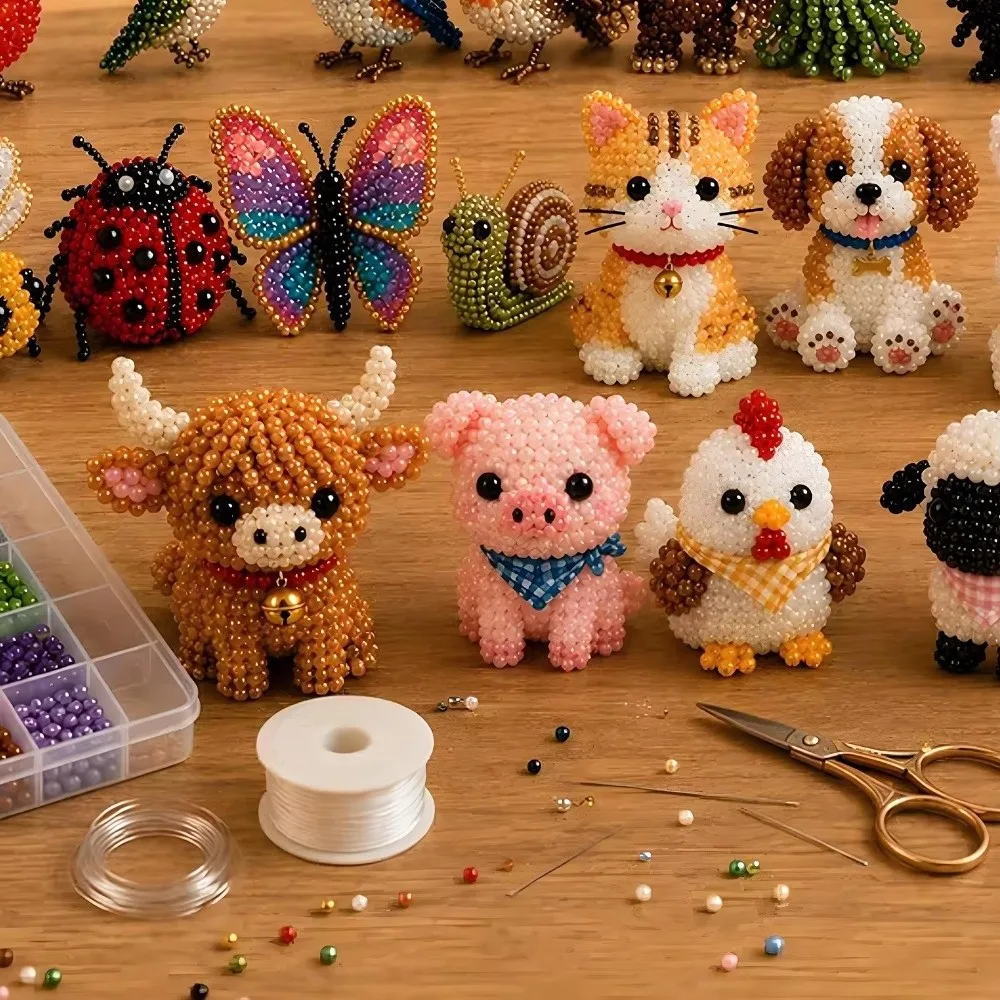 4pcs New Creative 3D Animal Bead Kit Mini Size Farm & Sea Animals Pets Beading Set Bead Craft Animal Crafting Set DIY Activity