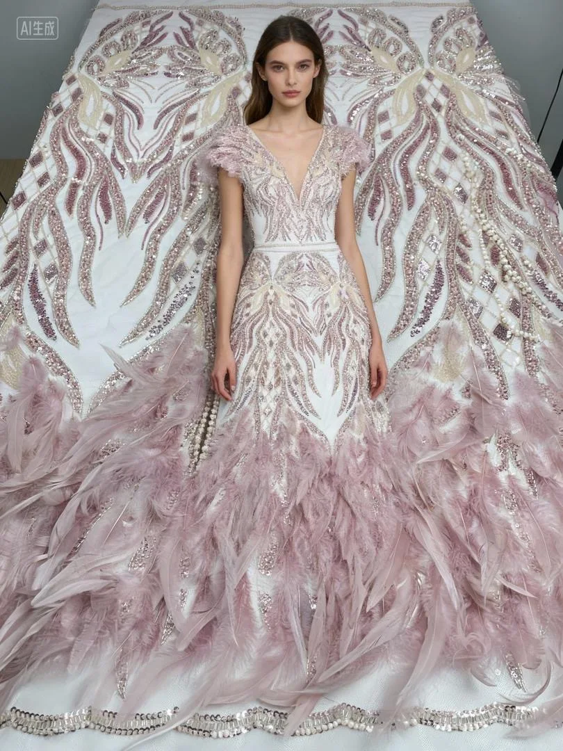 

Fashion African 3D Feather Beaded Fabric Sequins 2025 High Quality Embroidery French Heavy Mesh Lace Fabric For Nigerian Wedding