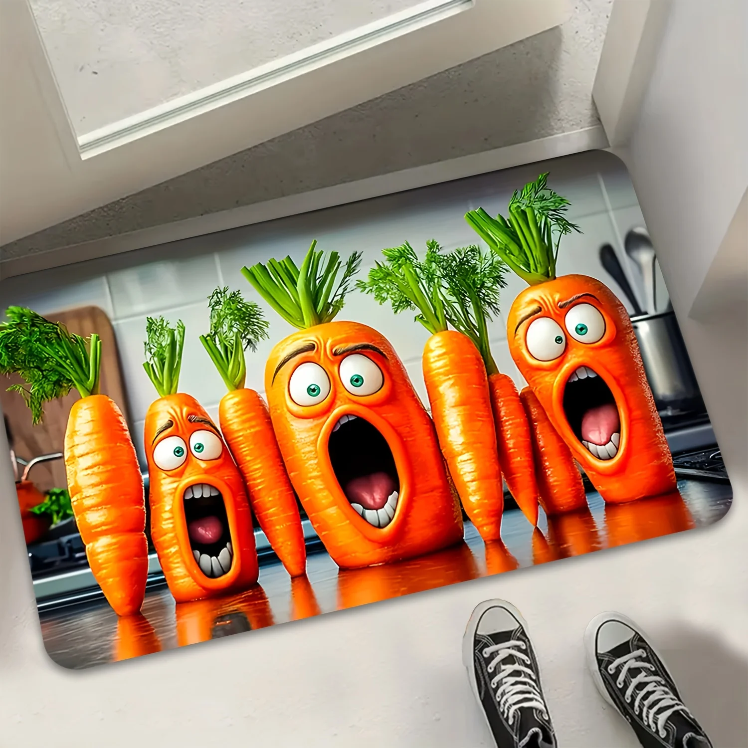 1pc 2D Flat Funny Screaming Carrots Kitchen Rug Non Slip Flannel Mat For Cooking Area Floor Decor