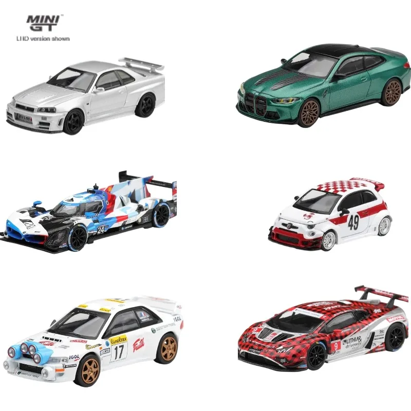 

MINI GT 1:64 Diecast Models: R34, M4 G82, LMDh, Abarth 595, Impreza WRC, Huracan GT3. Boys' holiday gift toy.