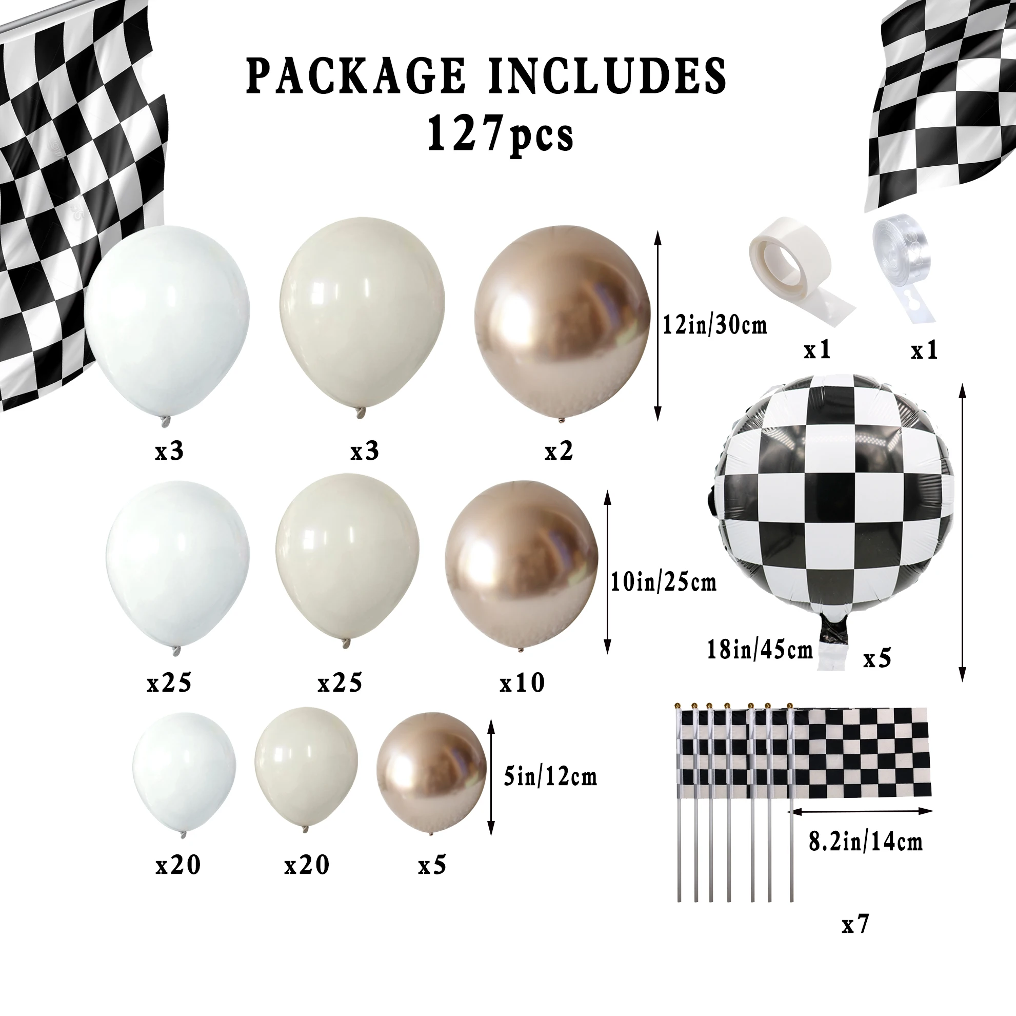 Retro racing themed balloon set beach white black and white checkered balloons with black and white flags suitable for birthday