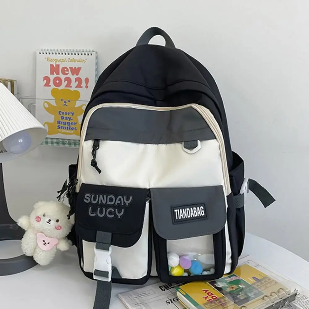 Trendy Nylon Large Capacity Backpack Double Zipper Commute Korean Style School Bag Canvas with Bear Pendant Casual Knapsack Kids