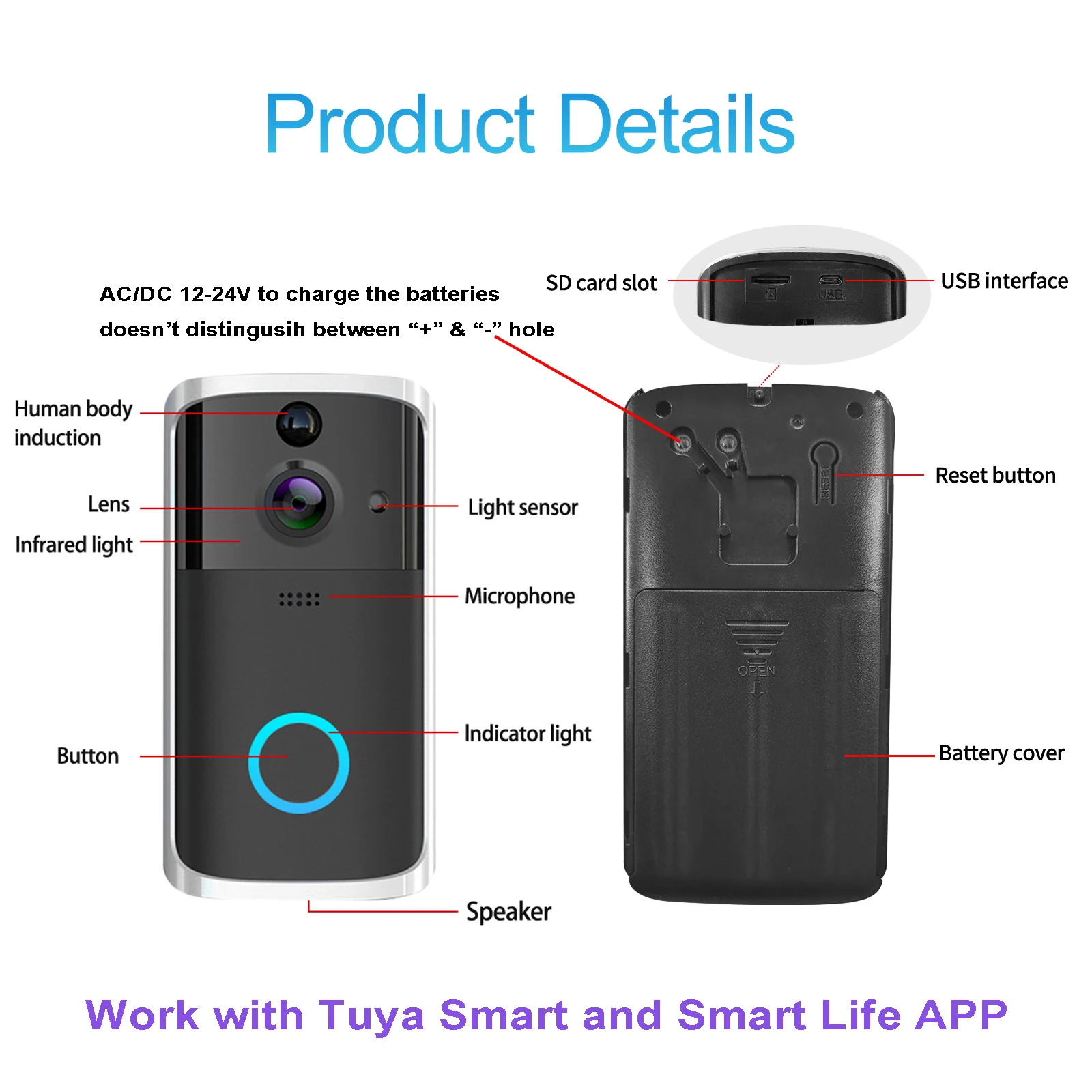 Timbre de puerta inalámbrico con cámara inteligente, intercomunicador con detección de movimiento, impermeable, Wifi, para el hogar