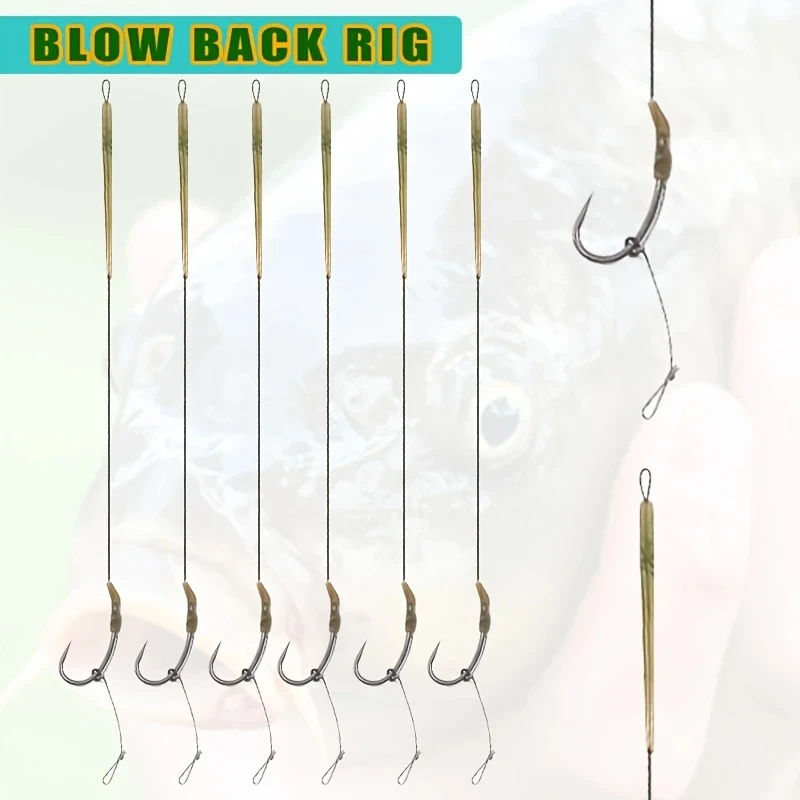 6 Stück Karpfenangeln, fertig gefertigte Blow-Back-Rigs – legierter Stahl, PTFE-beschichtete, gebogene Schafthaken mit Widerhaken, Größe 2/4/6 – Hair Rig Kit