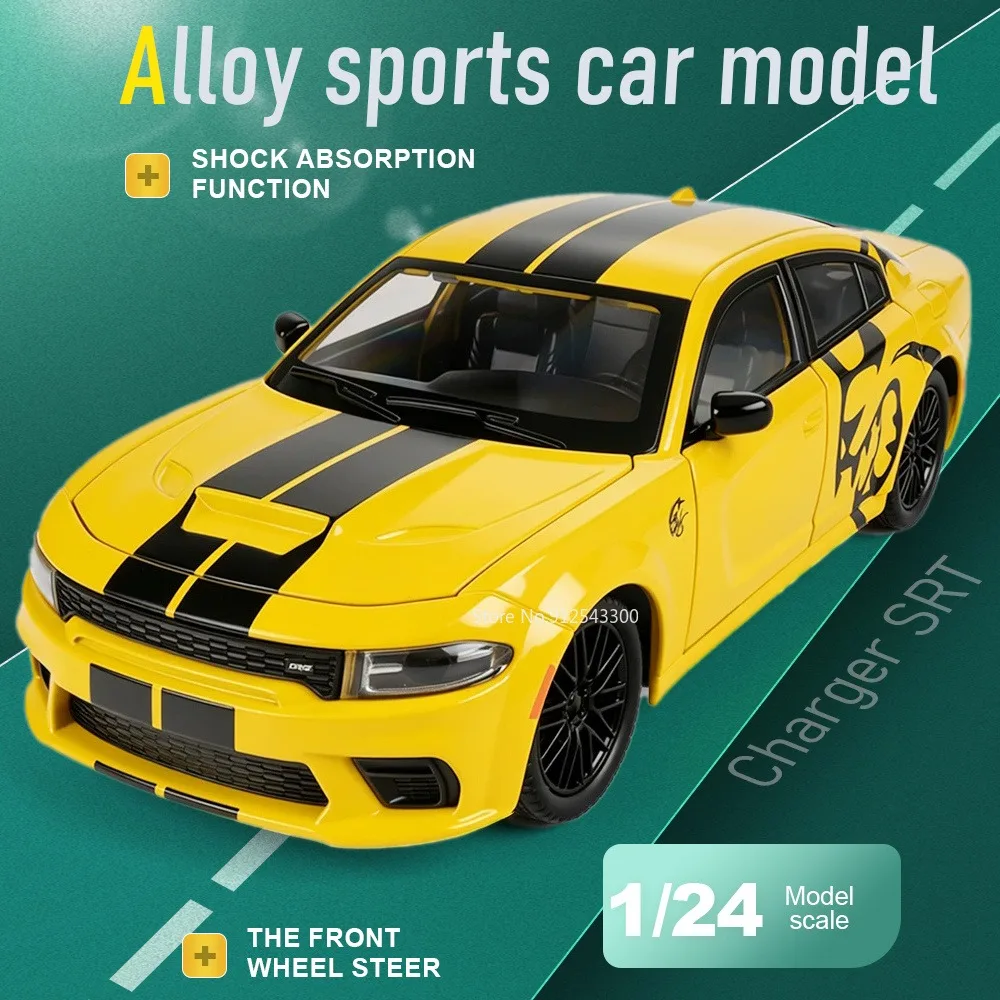 1:24 Scale Charger SRT Car Model Toy Sound Light Pull Back Models Front Wheel Steer Shock Absorption Vehicle for Hobby Collector
