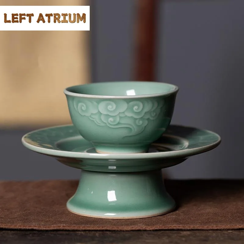 

80 мл чайная чашка ручной работы Longquan Celadon, эстетическая благоприятная облака, мастер-чашка с держателем, набор чашек, подарки для чайной церемонии Jianzhan