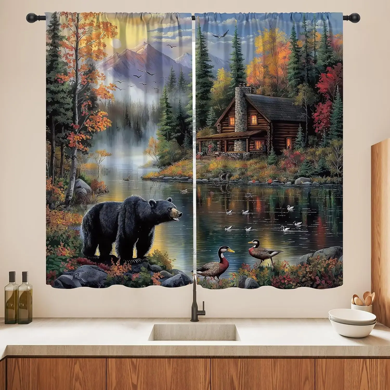 

Rustic Bear Blackout Curtains,Retro Forest Animal Lake Wildlife Pattern Drapes,Country Cabin Farmhouse Window Treatments Curtain