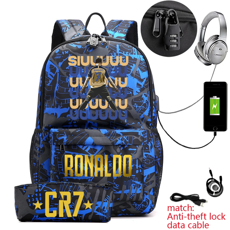 Ronaldo print student backpack pencil case set youth outdoor travel bag with anti-theft lock