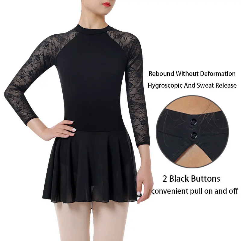 Women\'s Black Ballet Clothes Temperamental Turtleneck Dance Leotard With Druable Skirt Adult Lace Long Sleeve Ballet Dress