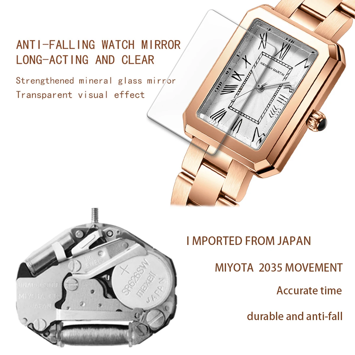 1 قطعة ساعة نسائية موضة ساحة الرومانية الهاتفي الفولاذ المقاوم للصدأ حزام ساعة اليد الحركة اليابانية هانا مارتن 3Bar ساعات كوارتز reloj