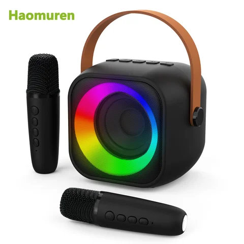 Haomuren Máquina de karaokê portátil com microfone sem fio 1 ou 2 Mini alto-falante Bluetooth para crianças cantando presente de festa familiar