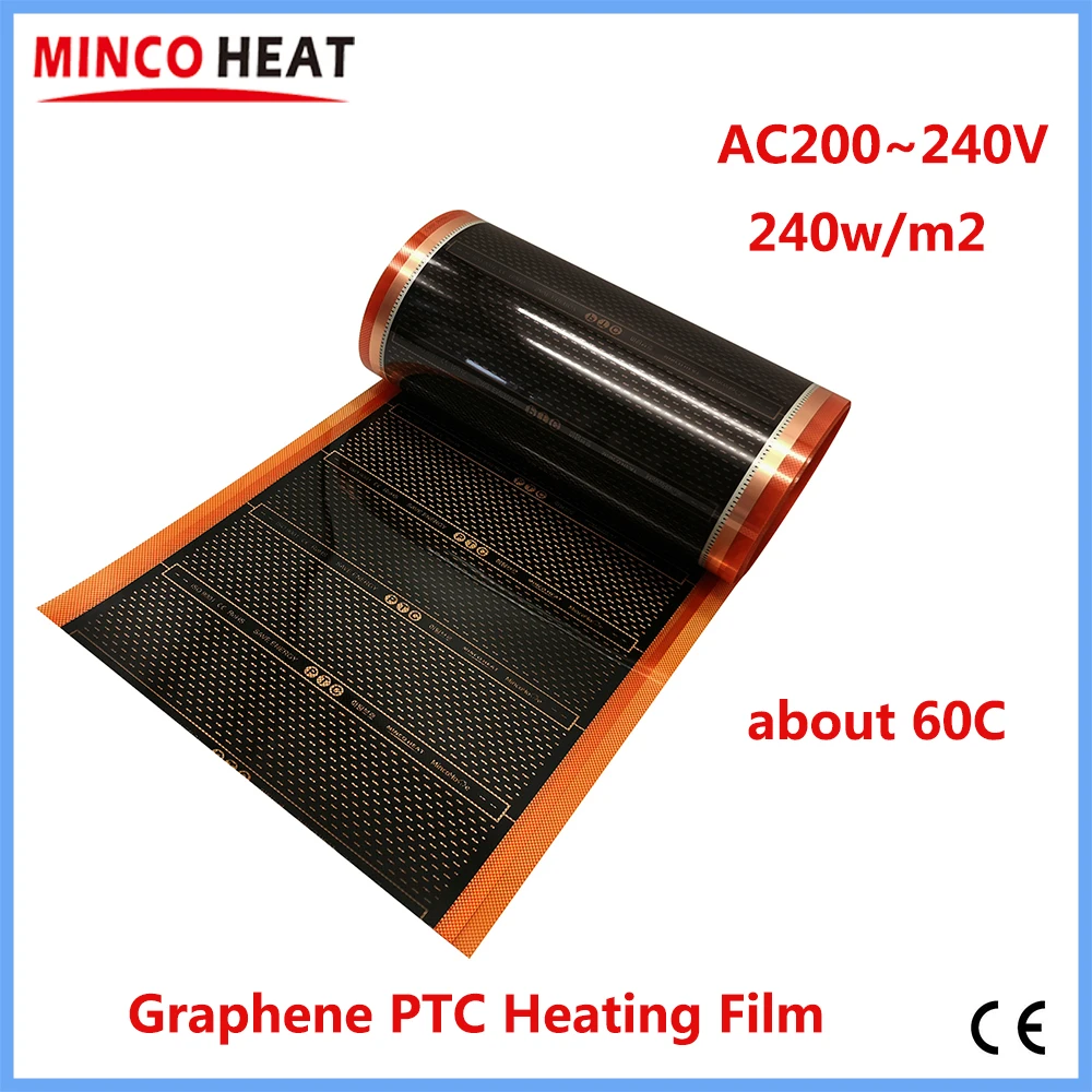 MINCO HEAT 신상 그래핀 PTC 가열 필름, 적외선 AC200 ~ 240V, 약 60C 따뜻한 바닥 난방 매트, 240w/m2