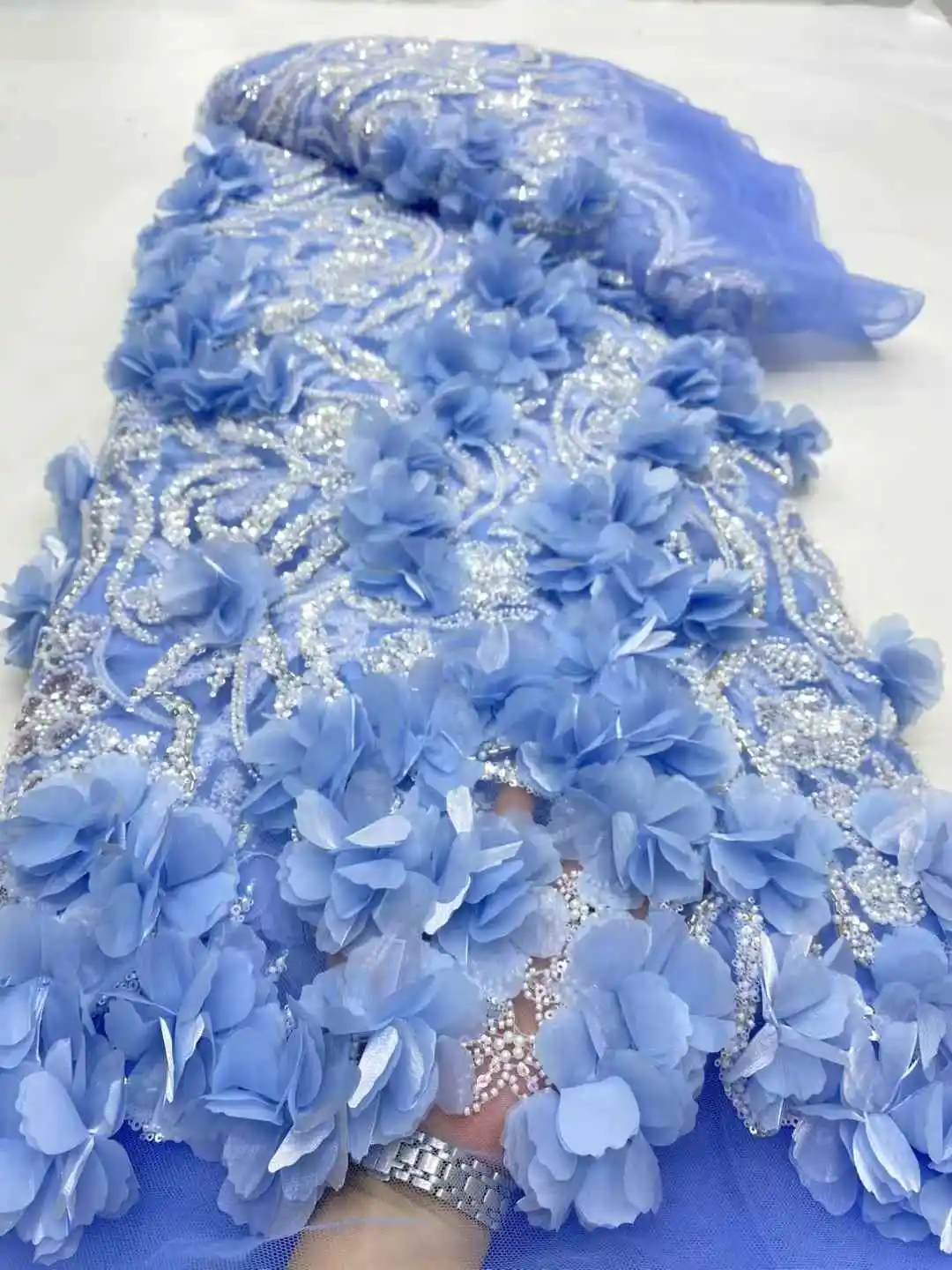 Tulle With 3d Flowers High Quality Beads Nigerian Party Lace Fabric 2025 Bridal Party Lace For Sewing Dress Wedding-DP