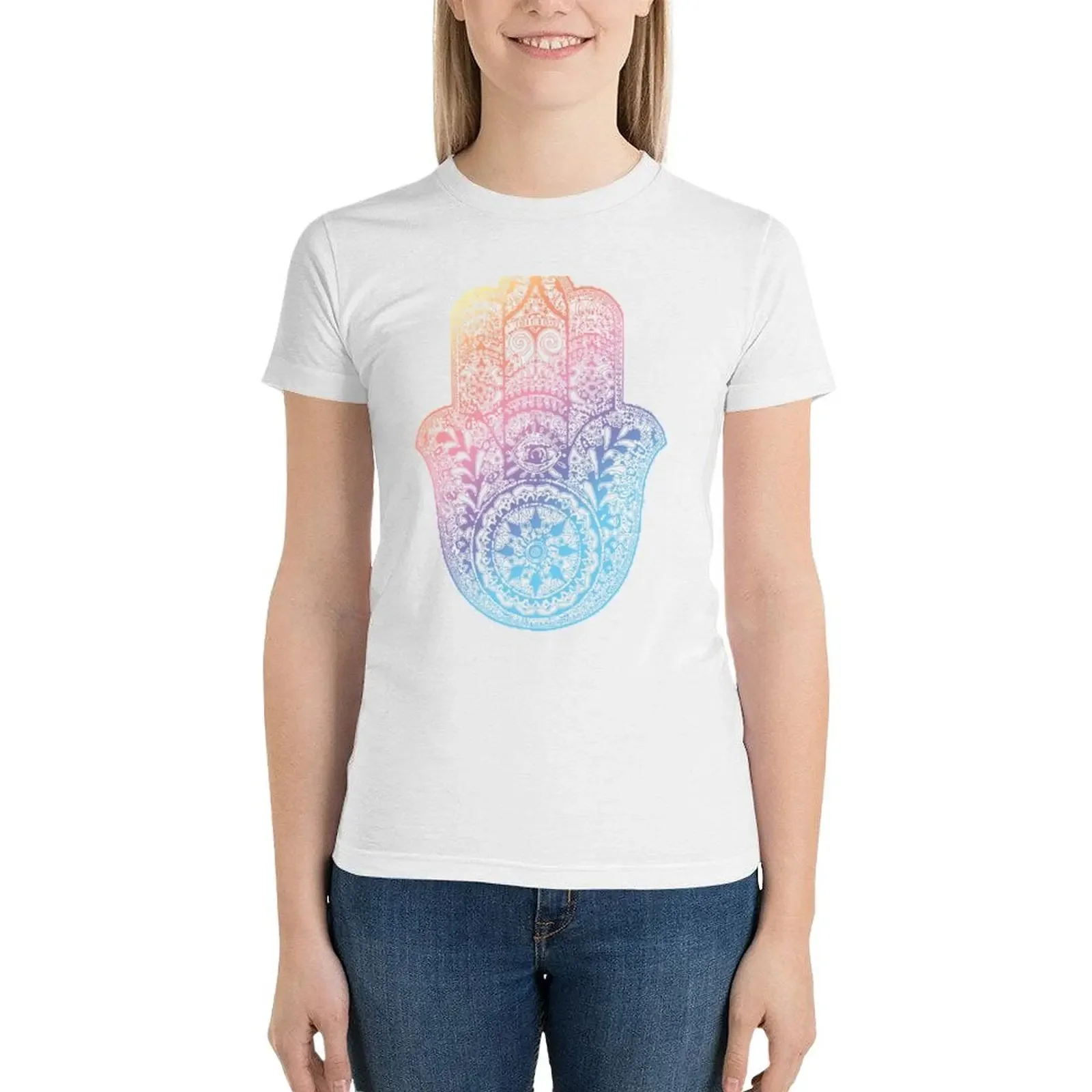 Regenbogen Hamsa T-Shirt Tops ästhetische Kleidung T-Shirt Kleid Frauen