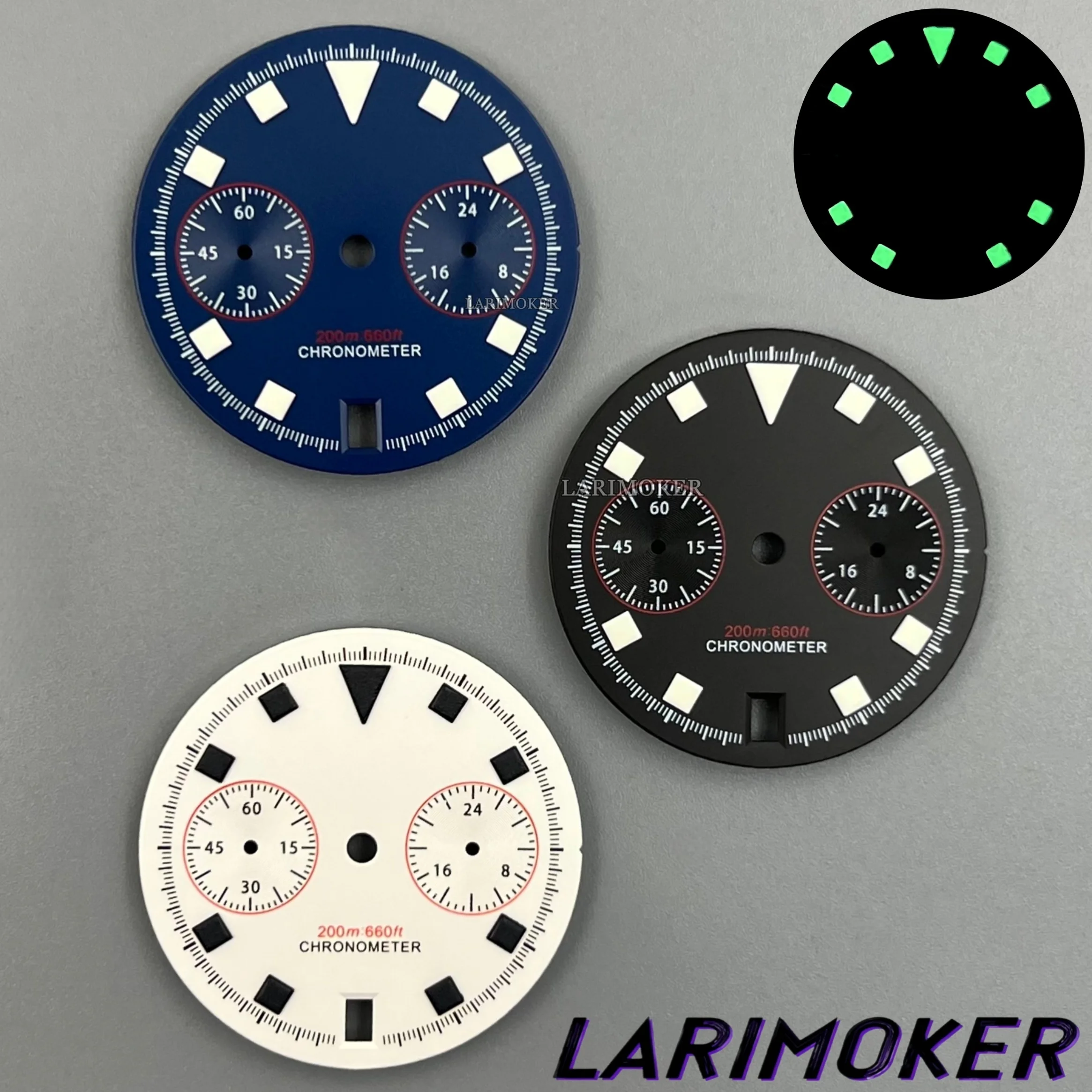 LARIMOKER VK64 Dial 30mm Quartz Watches Parts Black Blue White Watch Dial Green Luminous Hands 6 O'clock Date Fits VK64 Movement
