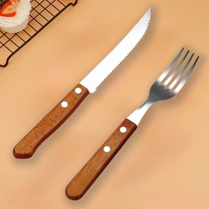 Stainless Steel Tableware Japanese Wooden Handle Wooden Knife, Fork And Spoon Steak Knife Western Wooden Handle Dinnerware