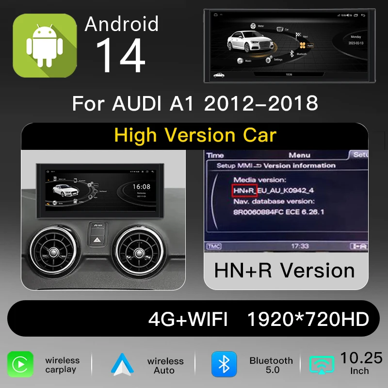 10,25" 1920*720 IPS-scherm, draadloze Carplay, Android 14 autoradio voor AUDI A1 2012-2018, RMC HN+R multimediaspeler, GPS-navigatie, hoofdunit, 4G+WiFi, BT, stereo-audio