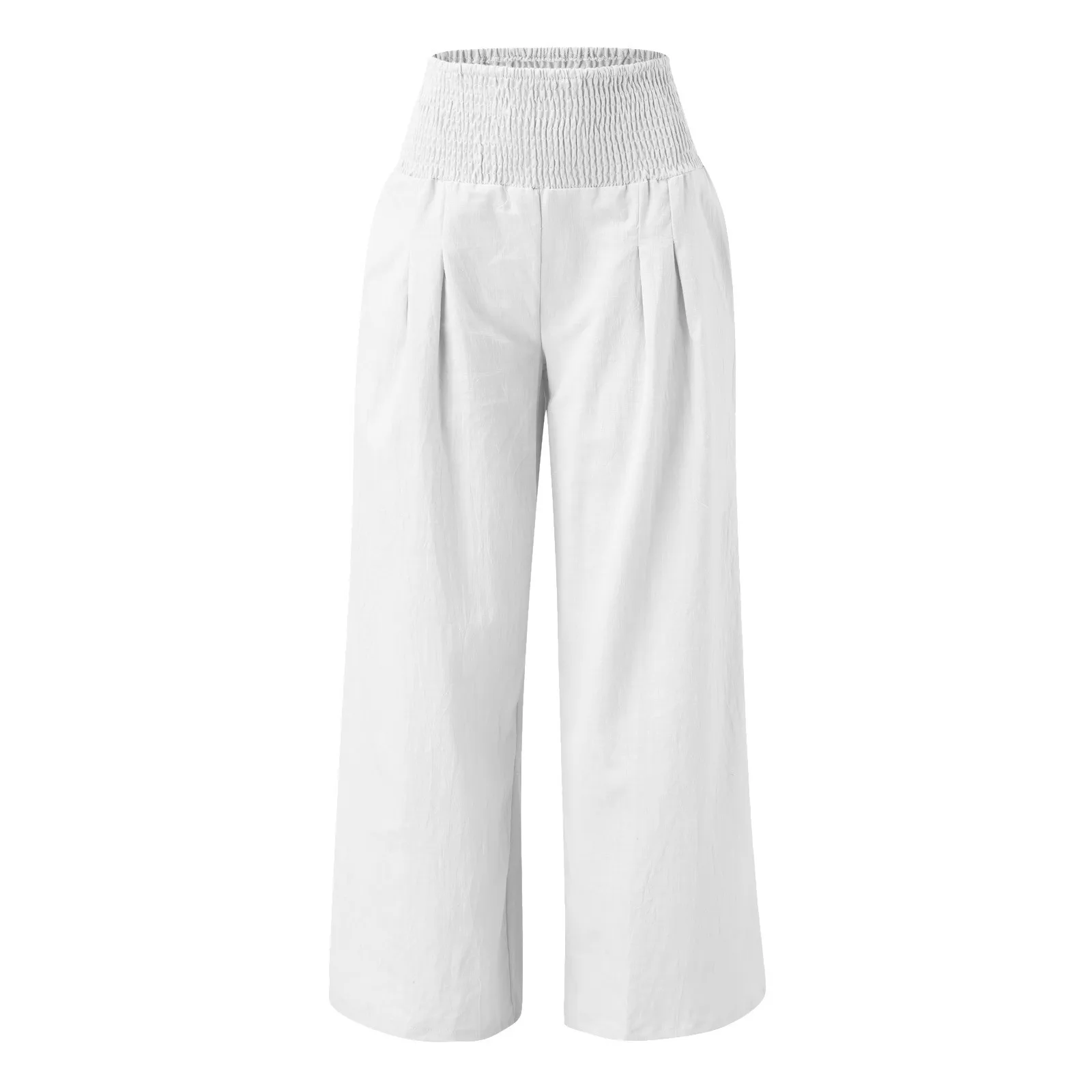 Pantalones largos informales de lino y algodón para mujer, pantalón holgado Retro, arrugado, elástico, de cintura alta, pierna ancha, recto, novedad de 2024