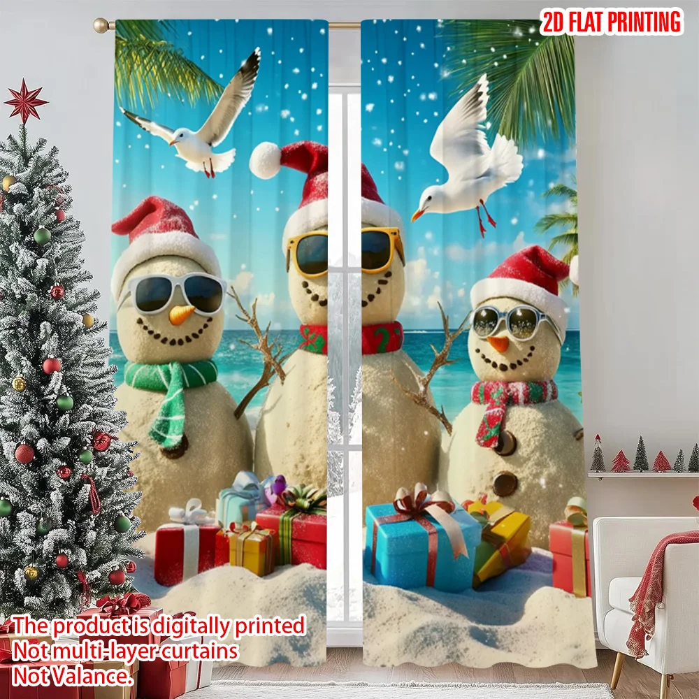 

2pcs 2D flat printing Merry Christmas Scene Curtains Tropical Beach Snowman Versatile 100% Polyester Without Electricity Family