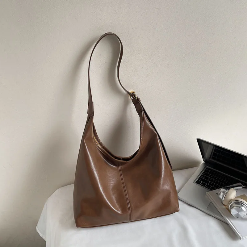 

Autumn New Women's Tote Bag Casual Simple Solid Large Capacity Soft PU One Shoulder Bags French Retro Versatile Handbags