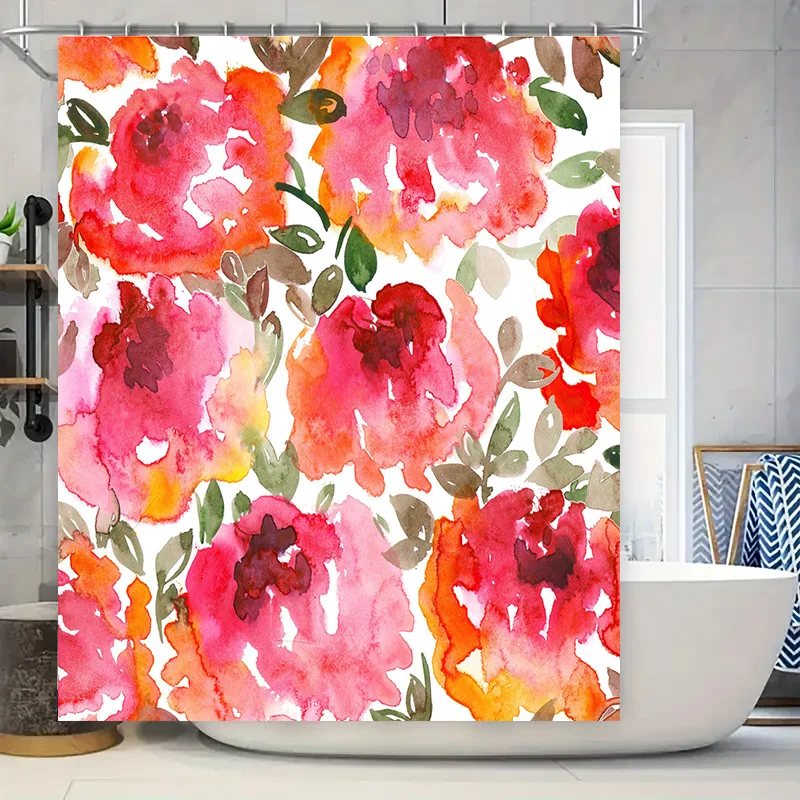 

Watercolor Floral Shower Curtain Pink Red Orange White Leaves Design for Bathroom Decor Modern Home Decoration 69x72 inches (175