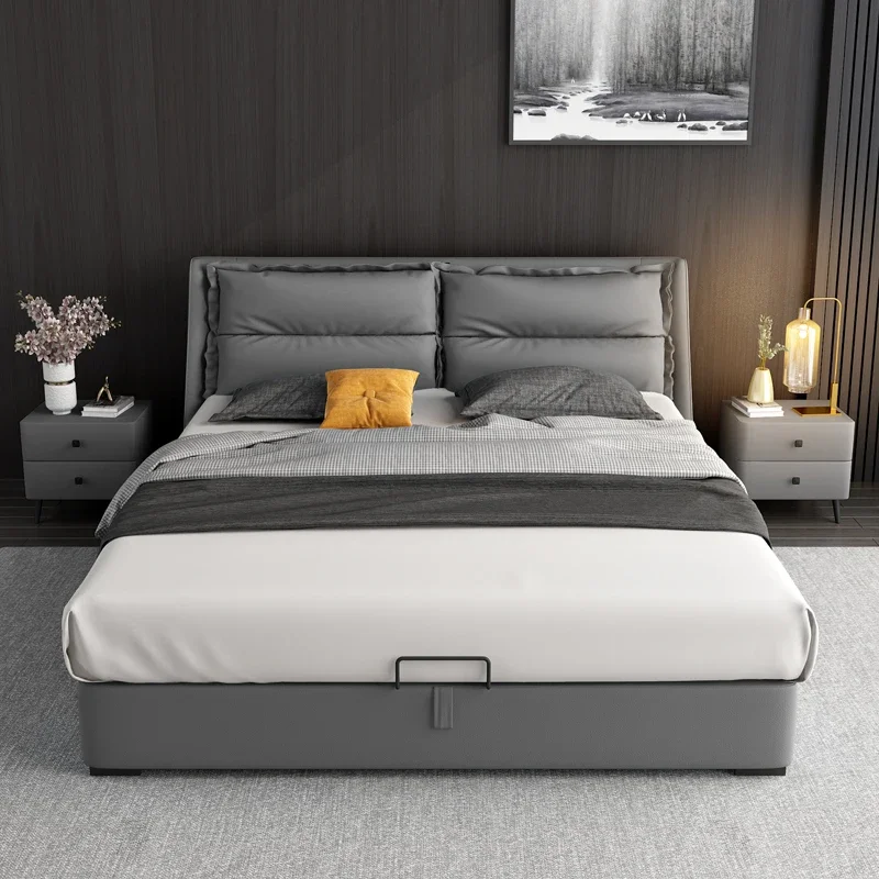 Master bedroom minimalist modern leather art double soft bed set Nordic wedding pneumatic storage bed combination