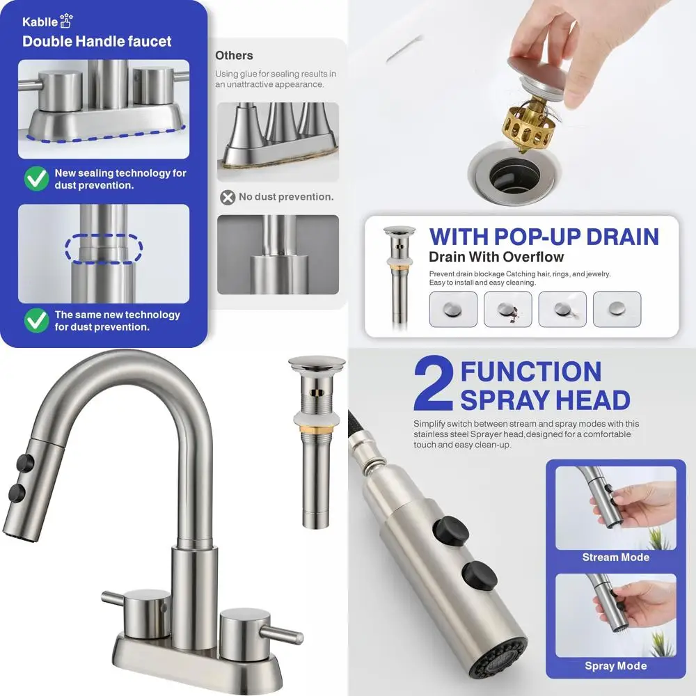 

3-Hole 4 Brushed Nickel Centerset Laundry Sink Faucet with Pull-Out Spray and Drain